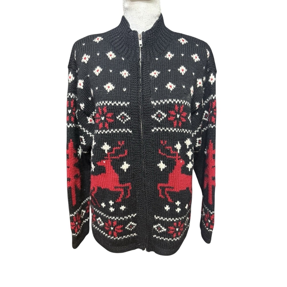 Lauren Ralph Lauren‎ Sweater Cardigan Womens Small Christmas Wool Deer Full Zip
